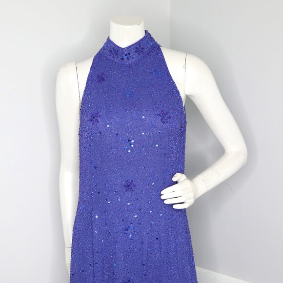 Avanti Silk Beaded Sequin Long Evening Gown Halter Formal Dress Royal Blue Party - Picture 3 of 16